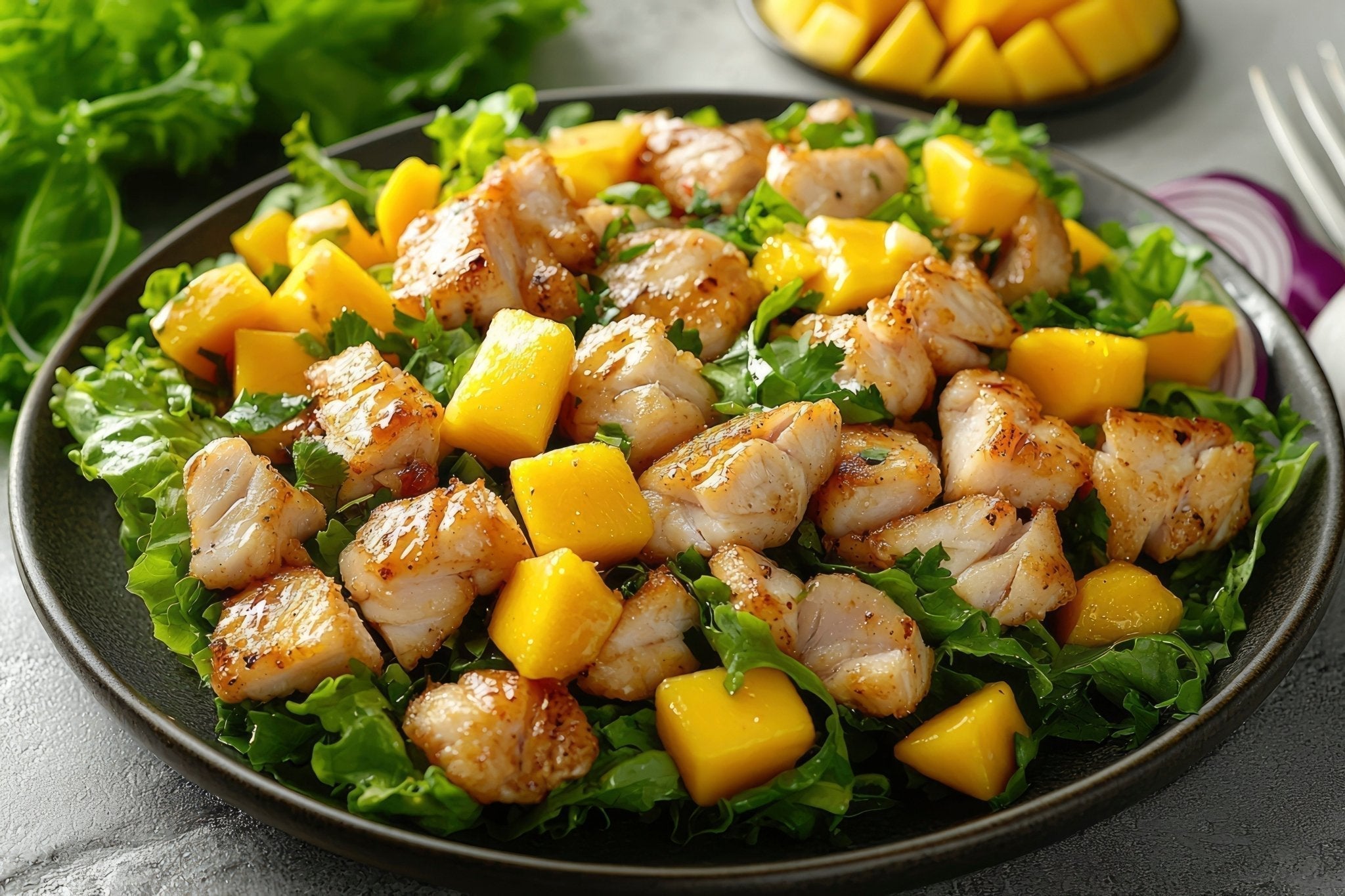 Exotischer Feldsalat mit Mango, Curryhähnchen & Feigen-Balsamico - Genussbote