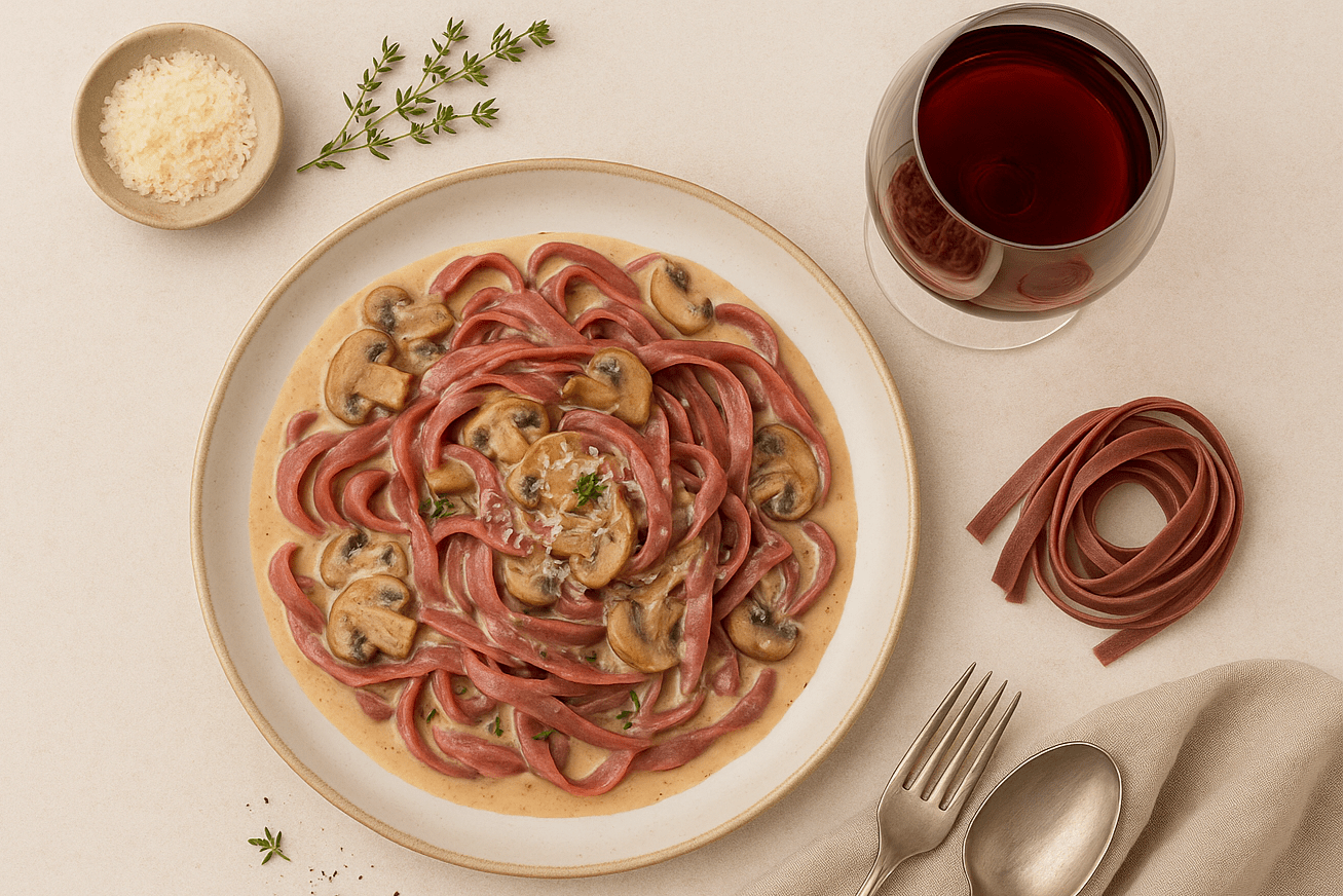 Fettuccine al Vino mit cremiger Pilz-Rotwein-Sauce - Genussbote