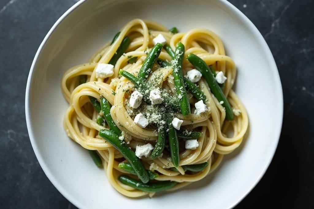 Fettuccine Basilico e Limone mit grünen Bohnen und Fetakäse - Genussbote