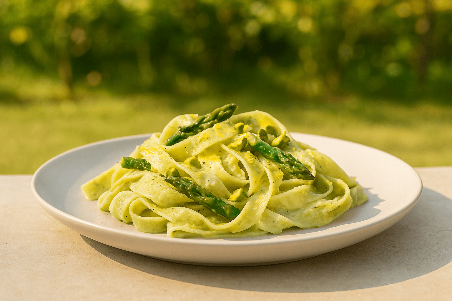 Fettuccine mit Zitronen-Ricotta, grünem Spargel & Pistazien - Genussbote