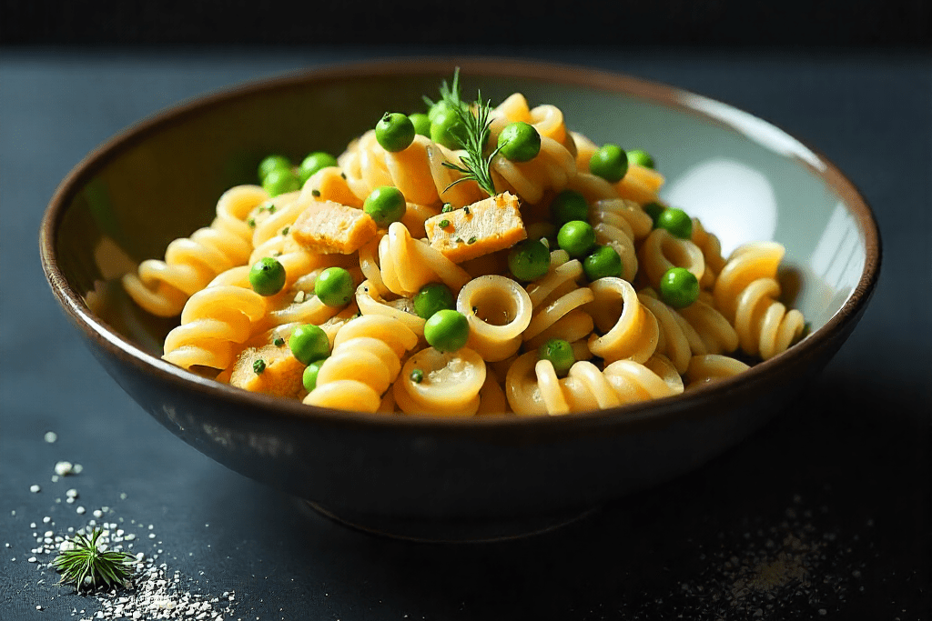 Zitronen-Safran-Fusilli mit geräuchertem Heilbutt & Erbsen - Genussbote